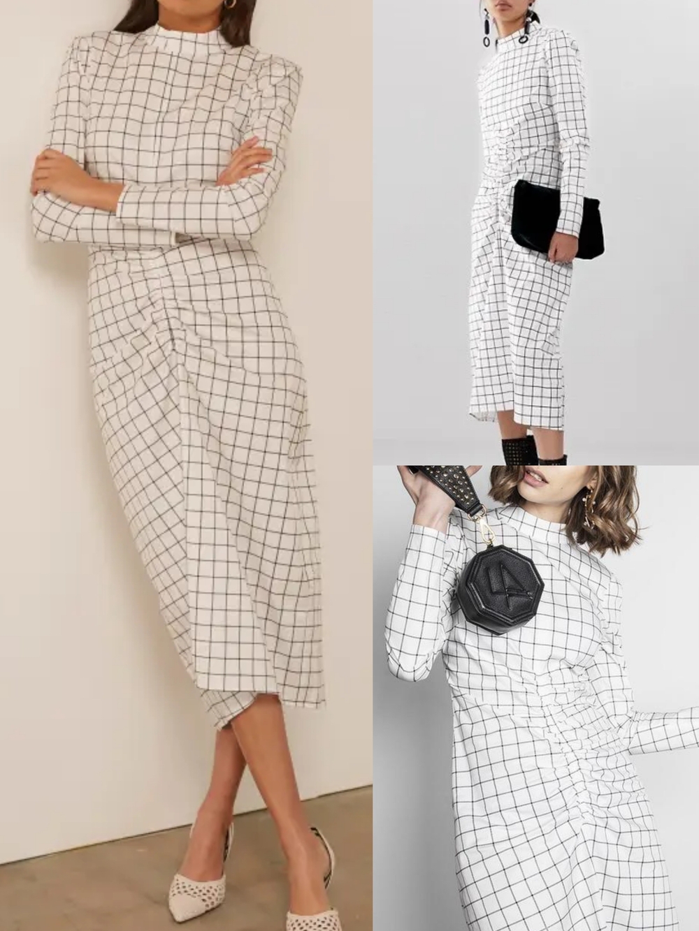 NEW ASOS White Windowpane Ruched Midi Dress